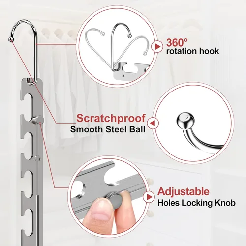 Miniatura 8 de Paquete de 12 perchas que ahorran espacio para ropa, de 6 a 9 agujeros, expandibles, de metal resistente, capacidad de 80 libras, colgador