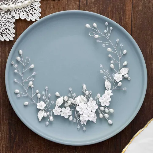 Miniatura 2 de Unicra Tocado de novia con perlas de vid y flores, piezas de pelo de boda, accesorios de cabello de graduación plateadas para novias y mujeres