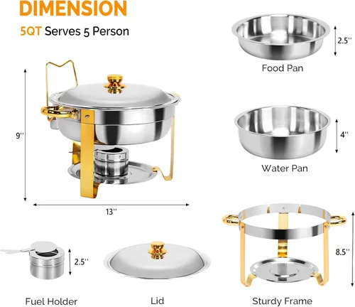 Miniatura 2 de ROVSUN Platos dorados para bufé, juego de 2 platos redondos de acero inoxidable de 6 cuartos de galón con soporte para tapa, juego de calentador