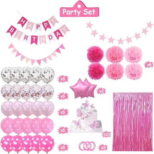 Miniatura 3 de Decoraciones de fiesta de cumpleaños rosa, decoración rosa claro y blanco con pancarta de feliz cumpleaños, flores de pompones de tela, globos rosa
