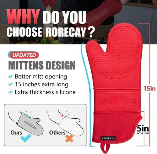 Miniatura 2 de Rorecay Juego de 6 manoplas y soportes para ollas para cocina, guantes de horno de silicona extra largos resistentes al calor de 500 grados, Rojo