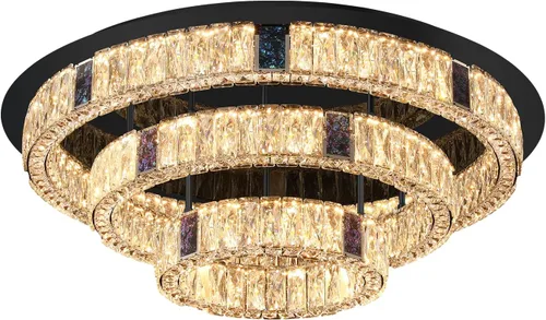 Miniatura 9 de Candelabro de cristal LED moderno de 32 pulgadas para sala de estar, lámpara redonda de cristal de 3 niveles, lámpara de techo de cristal negro