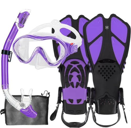 Miniatura 20 de Juego de esnórquel para niños con máscara, aletas, paquetes de esnórquel, con máscara de buceo, esnórquel, aletas ajustables para nadar, bolsa