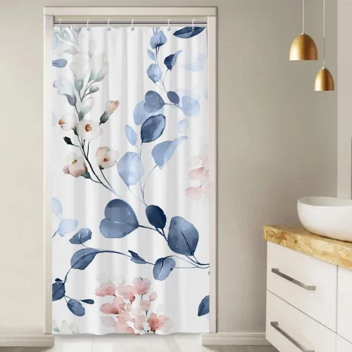 Miniatura 3 de Cortina de ducha pequeña de eucalipto azul acuarela, juego de cortinas de ducha pequeñas impermeables con diseño floral de primavera con ganchos, 36
