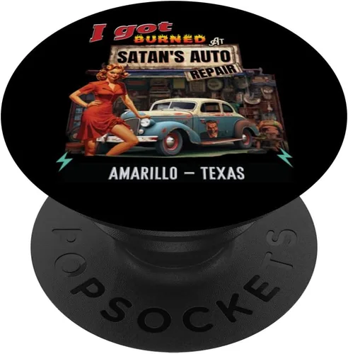 I Got Burned At Satan's Auto Repair Retro Devil AMARILLO PopSockets Standard PopGrip