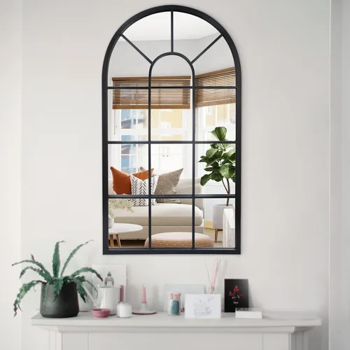 LYYYXGYP Espejo de ventana arqueado con marco de metal negro montado en la pared, espejo decorativo de ventana para sala de estar, 20 x 32 pulgadas