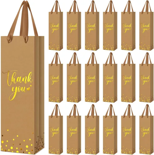 Ctosree 30 bolsas de regalo para botellas de vino con asa de 4.3 x 3.5 x 13.7 pulgadas, bolsa de papel de licor para agradecimiento, papel de Marrón
