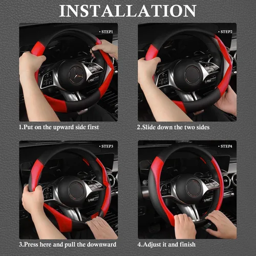 Miniatura 6 de CAR PASS Funda para volante de cuero sintético y alfombrillas impermeables para auto, combo universal para el 95 % de sedanes, SUV, vehículos, Rojo