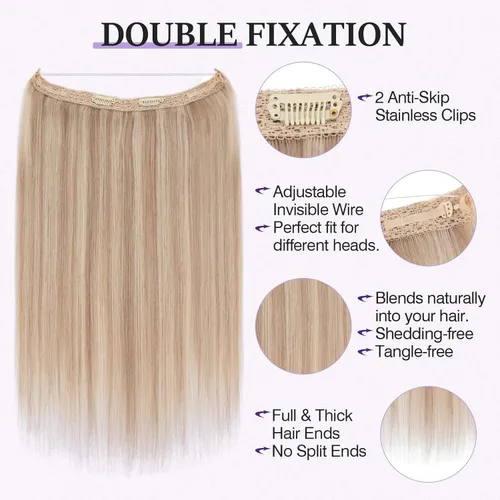 Miniatura 3 de Extensiones de cabello en aureola de cabello humano real, Extensión de cabello Halo 100% cabello humano, Extensiones de cabello con alambre, Lacio