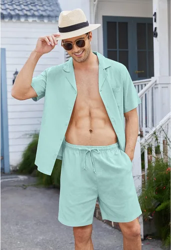 Miniatura 2 de COOFANDY Camisas de lino de manga corta con botones para hombre, conjunto corto hawaiano de playa de 2 piezas