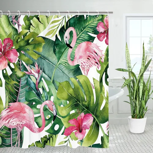 Miniatura 7 de LIVILAN Juego de cortinas de ducha con hojas de plantas tropicales, diseño botánico de selva con 12 ganchos para decoración de baño, 72 x 72 pulgadas