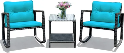 Tangkula Juego de 3 piezas de muebles mecedoras de mimbre para patio, juego de muebles de mecedora para exteriores con asiento acolchado, juego de
