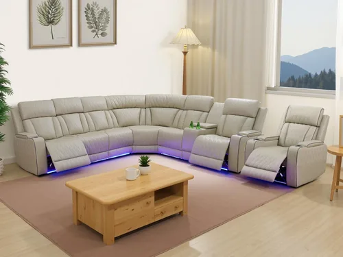 Miniatura 18 de Juegos de Muebles para Sala de Estar, Juego de Sofá Reclinable Eléctrico, Cuero Blanco Vainilla, Seccional de 2 Reclinables con Luz LED