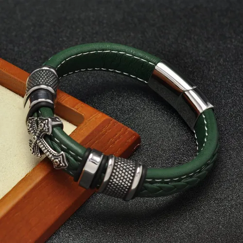Miniatura 2 de Leisure moment Pulsera religiosa de cruz para hombre de cuero y acero inoxidable, Sin gemas.