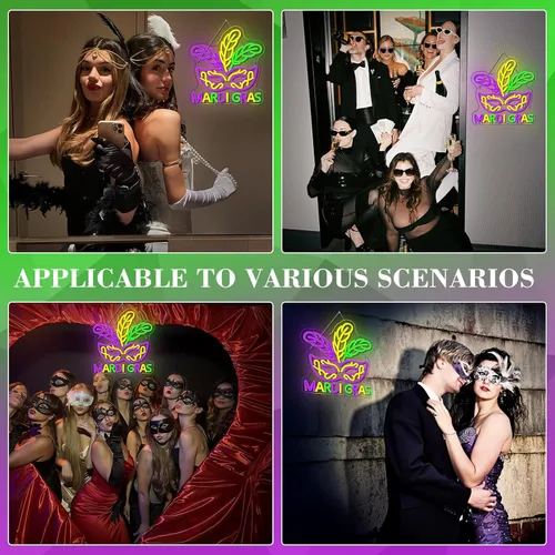 Miniatura 5 de Letrero de neón de Mardi Gras, decoración de luz de neón Mardi Gras, auténtico, morado, verde, dorado, carnaval, luces LED, decoración de pared