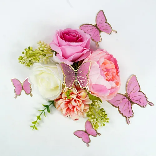 Miniatura 4 de 14 PCS Adornos para Pasteles de Flores Decoraciones de Pastel de Mariposa Adornos para Pastel de Feliz Cumpleaños con Flores de Rosa Rosa