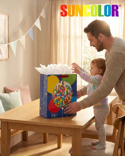Miniatura 8 de SUNCOLOR Bolsa de regalo extragrande con ventana de confeti, papel azul, 15.7 x 12.6 x 5.7 pulgadas, diseño de globos de cumpleaños, incluye papel