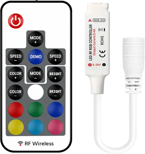 VIPMOON Controlador LED remoto inalámbrico RF de 17 teclas, DC 5V/12V/24V Mini controlador RGB de 4 pines para 5050 3528 5630 luces de tira LED