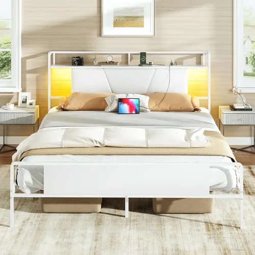 RALGEND Base de cama Queen con cabecero, base de cama LED tamaño Queen con estación de carga, cama moderna de plataforma de metal con estantes de