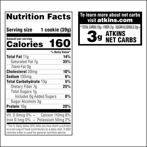 Miniatura 8 de Atkins Galleta de proteína con chispas de chocolate, postre proteico, rico en fibra, 0.11 onzas de carbohidratos netos, 0.04 oz de azúcar, apto