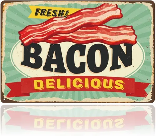 WADORN Letrero de metal vintage de 8 x 12 pulgadas con texto en inglés "Delicious Bacon Fresh Retro", divertido y delicioso alimento, decoración de