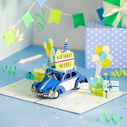 Miniatura 4 de POPWOW Tarjeta desplegable de cumpleaños, auto azul, escarabajo, Volkswagen, regalos, globos, tarjeta de felicitación 3D, regalo ideal para hijo