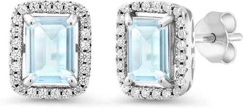 Miniatura 21 de Gem Stone King Aretes de plata de ley 925 con piedra natal Corte esmeralda de 0.315 x 0.236 in Aretes de halo para mujer