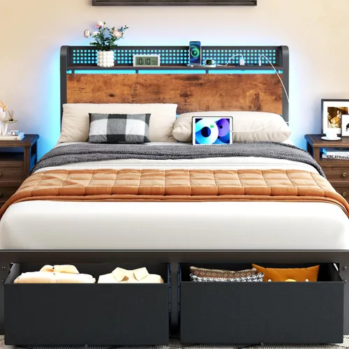 Miniatura 8 de Furnulem Base de cama tamaño Queen con almacenamiento de cabecero, base de cama de plataforma tamaño Queen con 2 cajones, estación de carga y luces