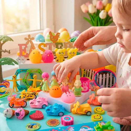 Miniatura 9 de JOYIN 60 huevos de Pascua con calcomanías de juguetes en el interior, búsqueda de huevos de Pascua precargados con juguetes surtidos para niños