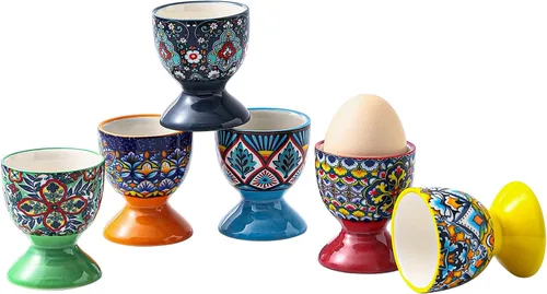 HENXFEN LEAD Juego de 6 vasos de cerámica boho para huevos coloridos para huevos duros y suaves, aptos para microondas y lavavajillas, perfectos