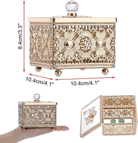 Miniatura 7 de Hipiwe Caja de Joyería de Metal Tallada con Tapa de Vidrio, Organizador Cuadrado de Baratijas con Espejo Dorado, Cofre del Tesoro para Anillos