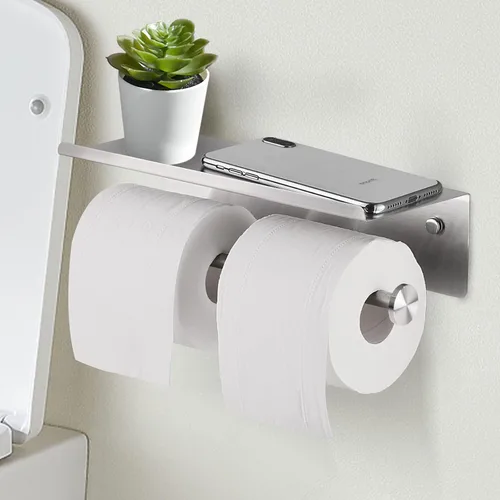 Miniatura 9 de YUMORE Soporte de papel higiénico, soporte de papel higiénico de acero inoxidable 304 para baño, doble rollo de papel higiénico con estante, Acabado
