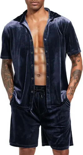 Miniatura 26 de LecGee Conjunto de pantalones cortos casuales de verano para hombre, camisa de terciopelo de manga corta con botones, pantalones cortos de cintura