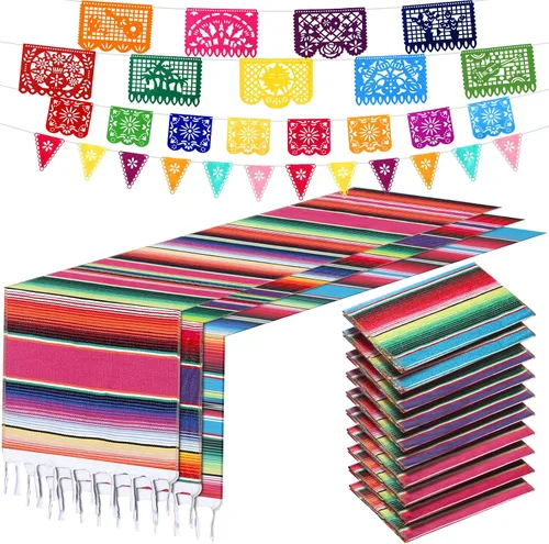 Miniatura 10 de Paquete de 10 caminos de mesa mexicanos de 14 x 84 pulgadas, 29 pancartas de papel picado, pancarta colgante de fiesta y banderín colorido para Rojo