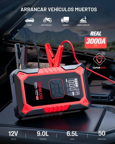 Miniatura 2 de GOOLOO A3 Arrancador de Salto con Compresor de Aire, Arrancador de Batería de Coche Portátil 3000A (9.0 Gasolina/6.5L Diésel) con Inflador