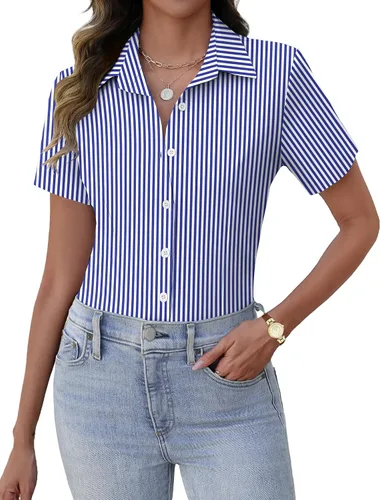 Miniatura 14 de Zeagoo Camisas de vestir de manga corta con botones para mujer, blusas básicas de trabajo con cuello de negocios