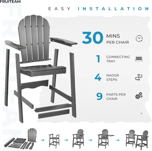 Miniatura 8 de FRUITEAM Juego de 2 sillas altas Adirondack con bandeja de conexión, sillas de terraza resistentes a la intemperie para exteriores, juego de balcón