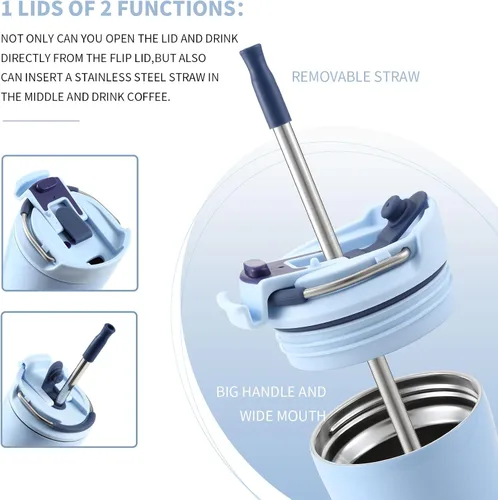 Miniatura 3 de Vaso BOTTLE BOTTLE para café con tapa de doble uso y pajita, vaso de viaje para café de doble pared para mujer y hombre, vaso de acero inoxidable