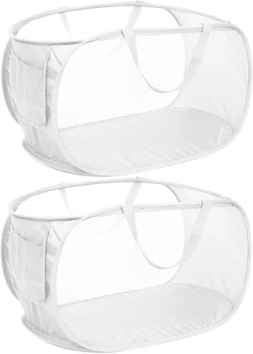 Miniatura 23 de Cesta de lavandería desplegable de malla resistente, cestas plegables con bolsillo lateral, cesta de ropa plegable con asas de transporte reforzadas