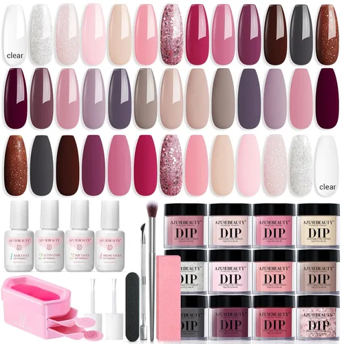 AZUREBEAUTY Kit de Iniciación de Polvo de Inmersión para Uñas de 31 Piezas, 20 Colores Transparente Nude Rosa Marrón Brillantina Todas las