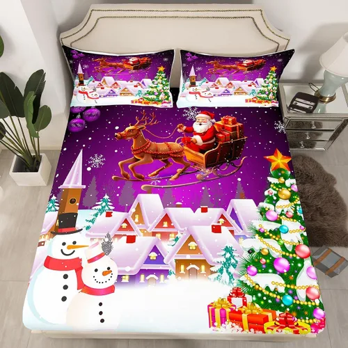 Miniatura 4 de Manfei juego de sábanas de Navidad tamaño completo, juego de ropa de cama con árbol de Navidad en forma de muñeco de nieve para la decoración