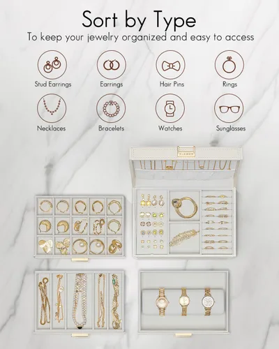 Miniatura 3 de Vlando Joyero grande de 4 capas Organizador de joyas, organizador de joyero para cajón, collar, anillo, pulsera y reloj, regalo de cumpleaños