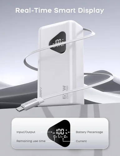 Miniatura 9 de RORRY Laptop Power Bank, 25000mAh 65W Portable Laptop Charger Battery Bank PD Fast Charger Built in Retractable Cables, for iPhone 17/16/15 Series