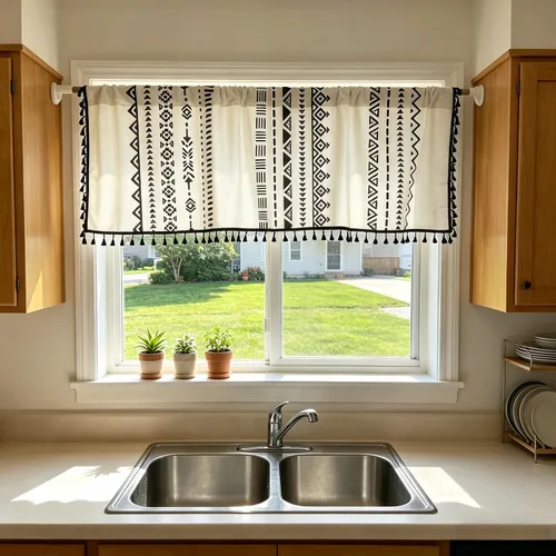 Miniatura 8 de Coral Fish Cortinas Bohemias con Patrón Geométrico Negro Cortinas de Ventana Bohemias con Borlas y Flecos para Cocina Baño Filtrado de Luz