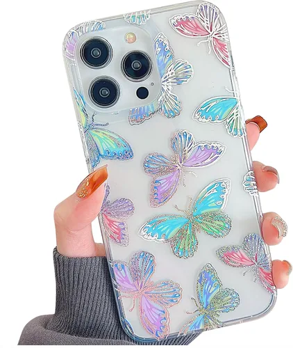 Miniatura 22 de Funda transparente con chispas brillantes para iPhone 15 Pro Max para mujeres y niñas, patrón de mariposas doradas, rosa y azul, funda protectora