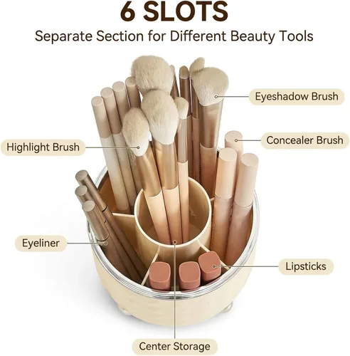 Miniatura 3 de Organizador de brochas de maquillaje blanco, organizador de brochas de maquillaje giratorio de 360°, 5 ranuras para cosméticos, esmalte de uñas