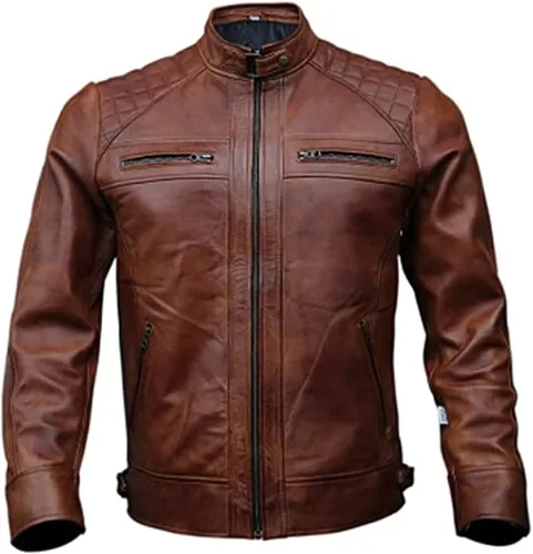 Chaqueta de motociclista negra de cuero genuino para hombre, chaqueta de cuero grueso de piel de cordero marrón envejecida para motocicleta, para