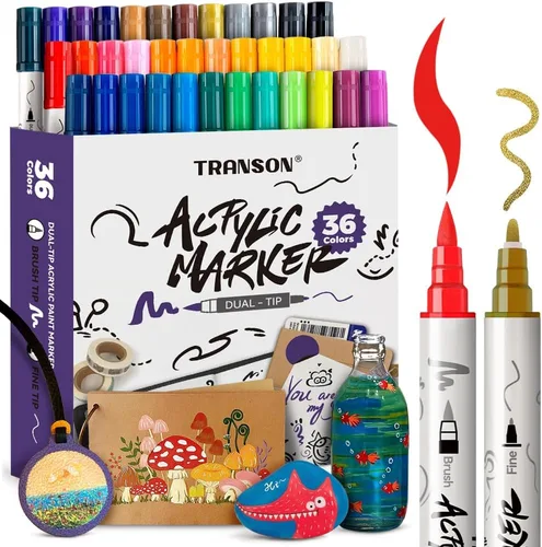 Miniatura 11 de TRANSON Juego de rotuladores de pintura acrílica de doble punta fina y brocha de 12 colores para lienzo, roca, madera, cuero, cerámica, pintura DIY