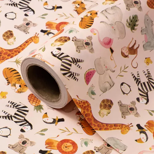 Miniatura 22 de WRAPAHOLIC Rollo de papel de regalo Kraft Animal - Mini Rollo - 17 pulgadas x 16.5 pies - Diseño de mono, elefante y dinosaurio lindos, perfecto
