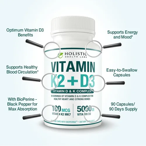 Miniatura 5 de Vitamina K2 + D3 de absorción máxima (5000UI), 90 cápsulas vegetales de MK-7 (Menaquinona-7) y colecalciferol (con BioPerina) Suministro de 3 meses